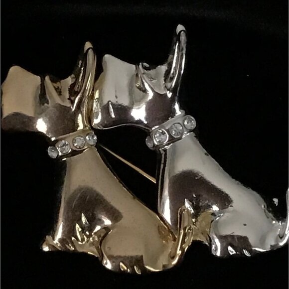 Scotty Brooch, Gold and Silver Pair Pin  Rhinestone Collars - Picture 2 of 5